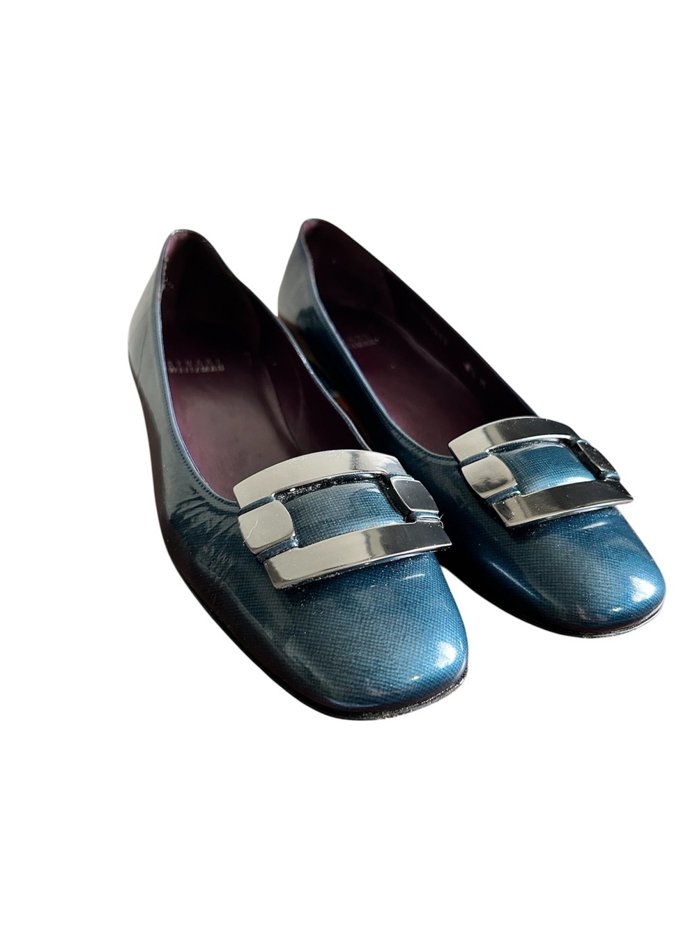 Stuart Weitzman Gunmetal Teal Patent Leather Block Heels | Pilgrim Style Buckle